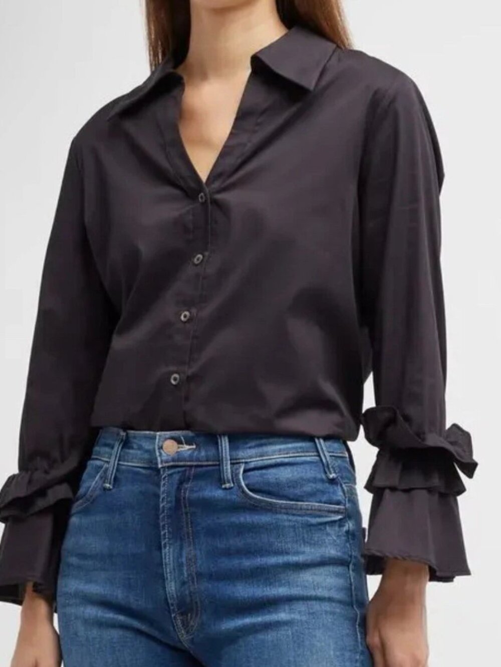 Harshman Women's Black Cotton Selina Blouse with Ruffled Cuff Detail Sz: L NWT - Picture 2 of 13